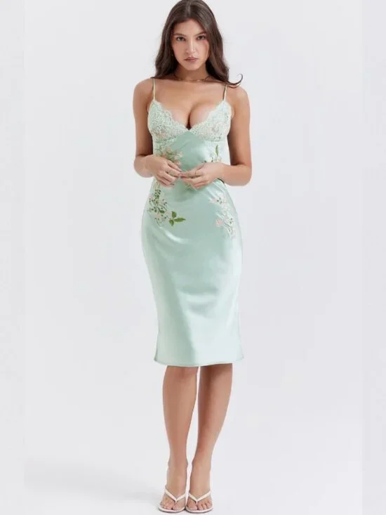 House of CB Fallon Light Jade Embroidered Satin Slip Dress - Picture 2 of 6